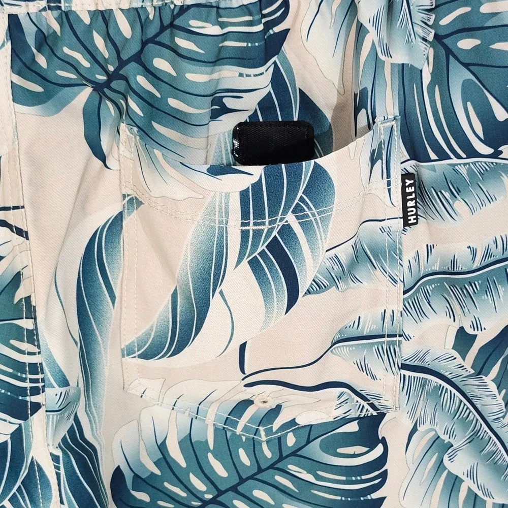 Hurley Lined Swim Trunks Mens Large Tropical‎ Palm Leaf Print Green Cream Shorts
